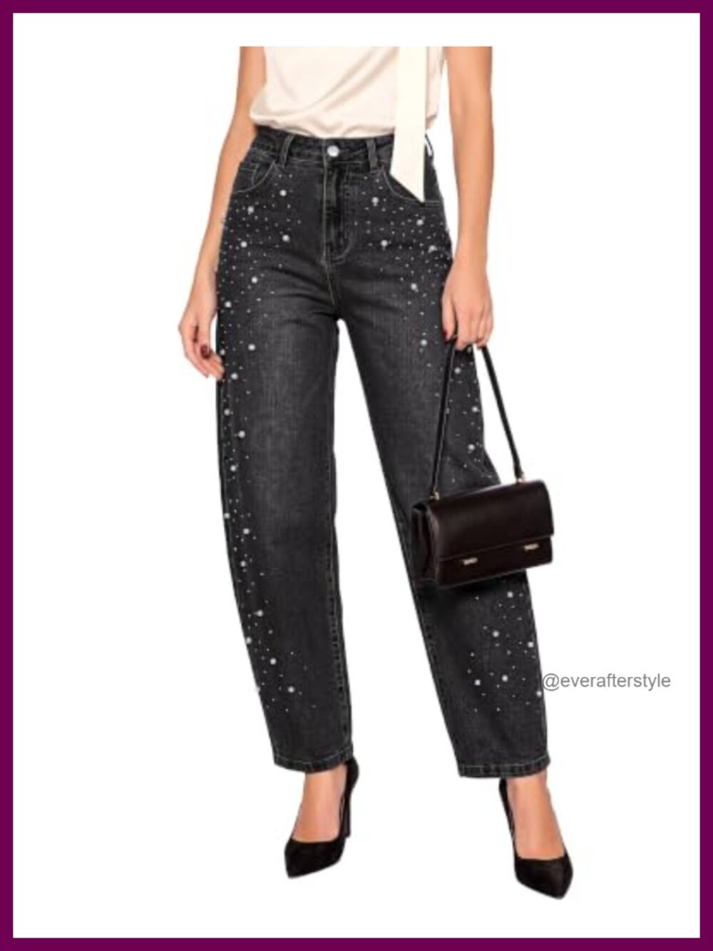 Women's Barrel Leg Jeans Rhinestone Pearl Embellished High Rise Stretchy Denim